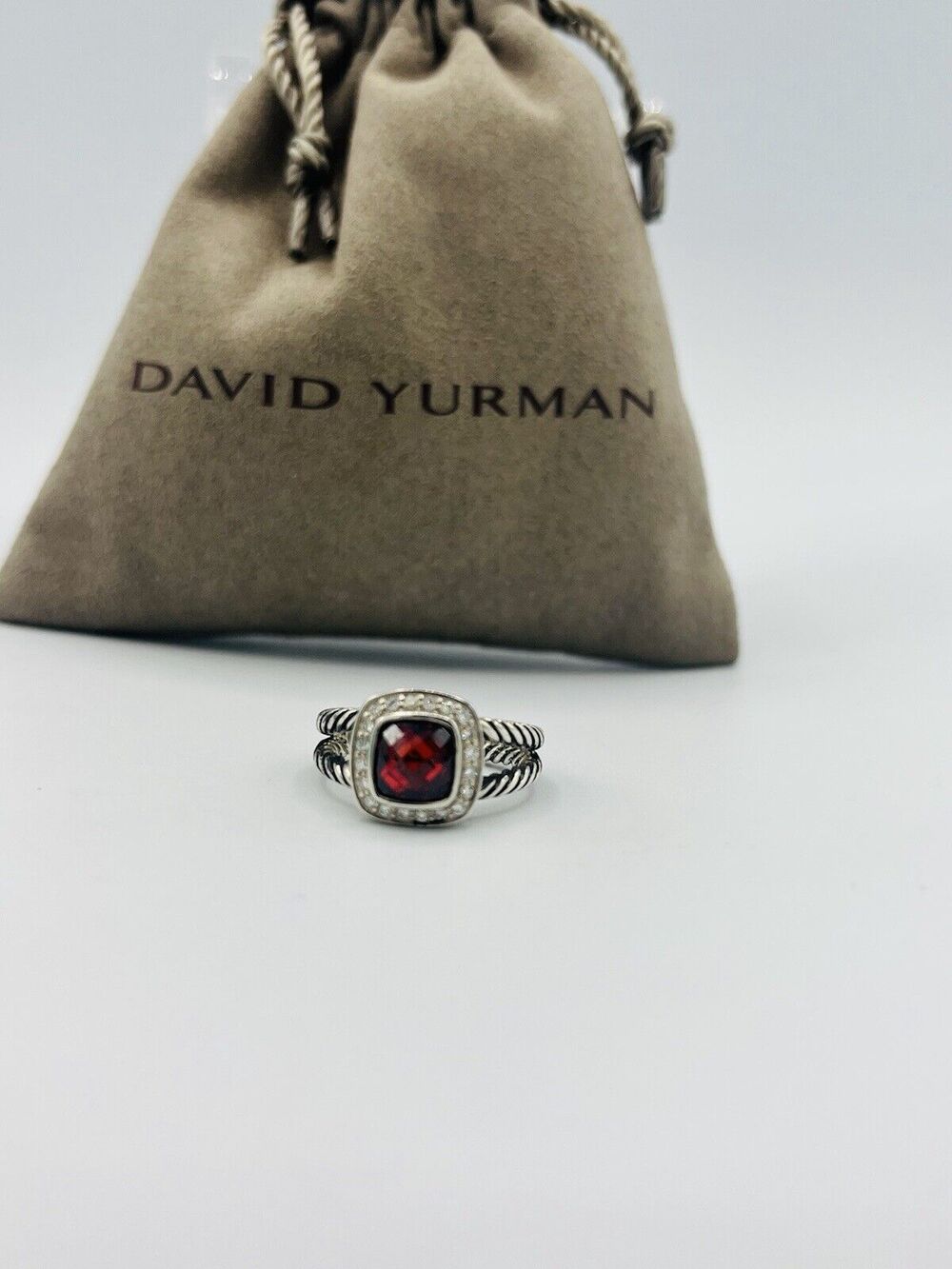 David Yurman Sterling Silver Garnet & Diamond Petite Albion Ring Size 6